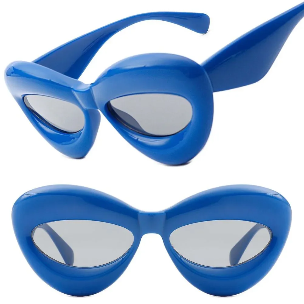 Womens Blue Chunky Cat Eye Sunglasses Balloon Frame Narrow Gray Lens